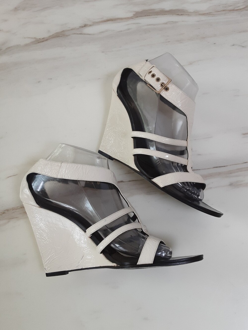 GIVENCHY PARIS Cream Patent Leather Crinkle Angular High Heel Wedge Sandal Sz. 9